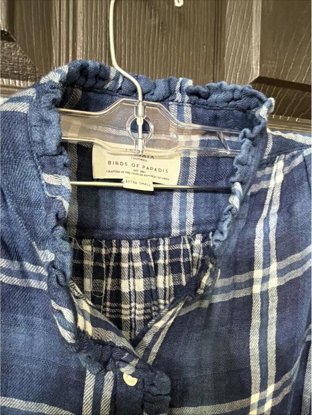 Trovata Birds of Paradise Blue Plaid Button Down Shirt Sz XS Ruffle Trim New - Picture 3 of 9